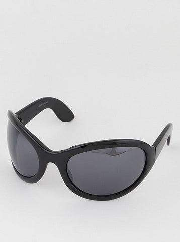 A pair of black wraparound sunglasses with oversized reflective silver mirrored lenses 