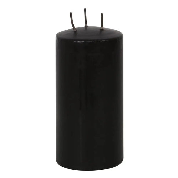 A large black pillar candle that drips bloody red when lit. Shown unlit
