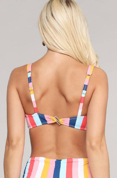 retro style swim top in a white, orange, pink, blue, and mint multi-color vertical cabana stripe, featuring twist-front detail, sweetheart neckline, removable light padding, and adjustable wide set straps and bottom band, shown back view on model