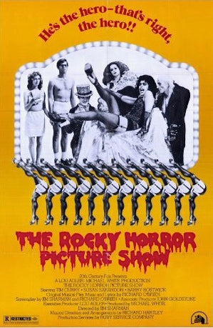 Rocky Horror Picture Show yellow background 24" x 26" poster cast members above a chorus line of high-kicking legs dripping blood font movie title