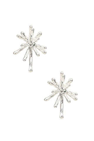A pair of shiny silver metal earrings in abstract shapes similar to starbursts or snowflakes. Attaches to ear as post
