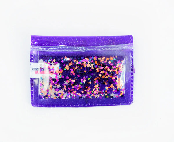 The back of the cardholder showing a pocket of star shaped glitter encased in liquid