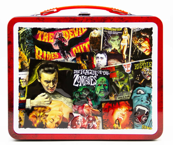 A metal lunchbox with collage art of classic Hammer Horror movie posters. With a red plastic handle and metal latch. Image shows embossed front of box