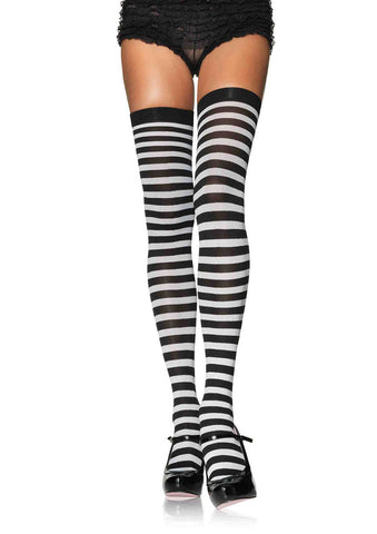 Striped opaque nylon thigh highs in black & white, shown on model