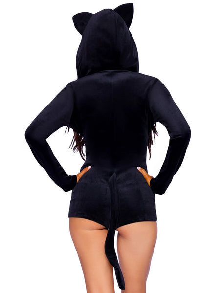 long-sleeved black stretch velvet zip-front romper with ear-topped hood, attached tail, and gold metal bell zipper pull charm, shown back view on model