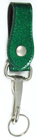 soft and durable green glitter vinyl snap on keychain fob with a heavy duty hook and keyring