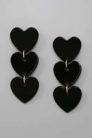 pair acrylic black triple heart dangle post earrings