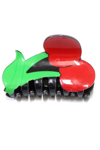 plastic claw style novelty hair clip in the shape of a pair of bright red cherries with a green stem