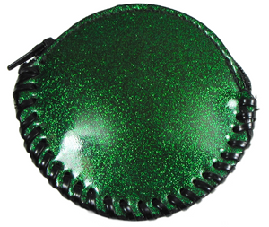 Round zippered coin purse with a thick stitched trim in soft and durable green glitter vinyl