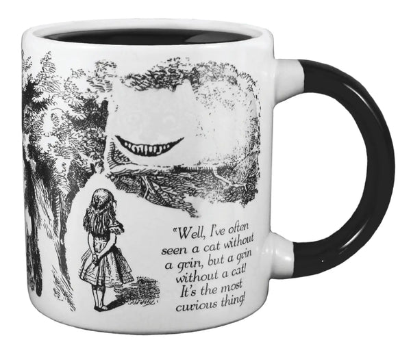 The same mug having been exposed to heat showing that only the grin of the Cheshire Cat remains