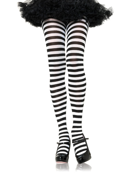Striped opaque Nylon tights in black & white, shown on model