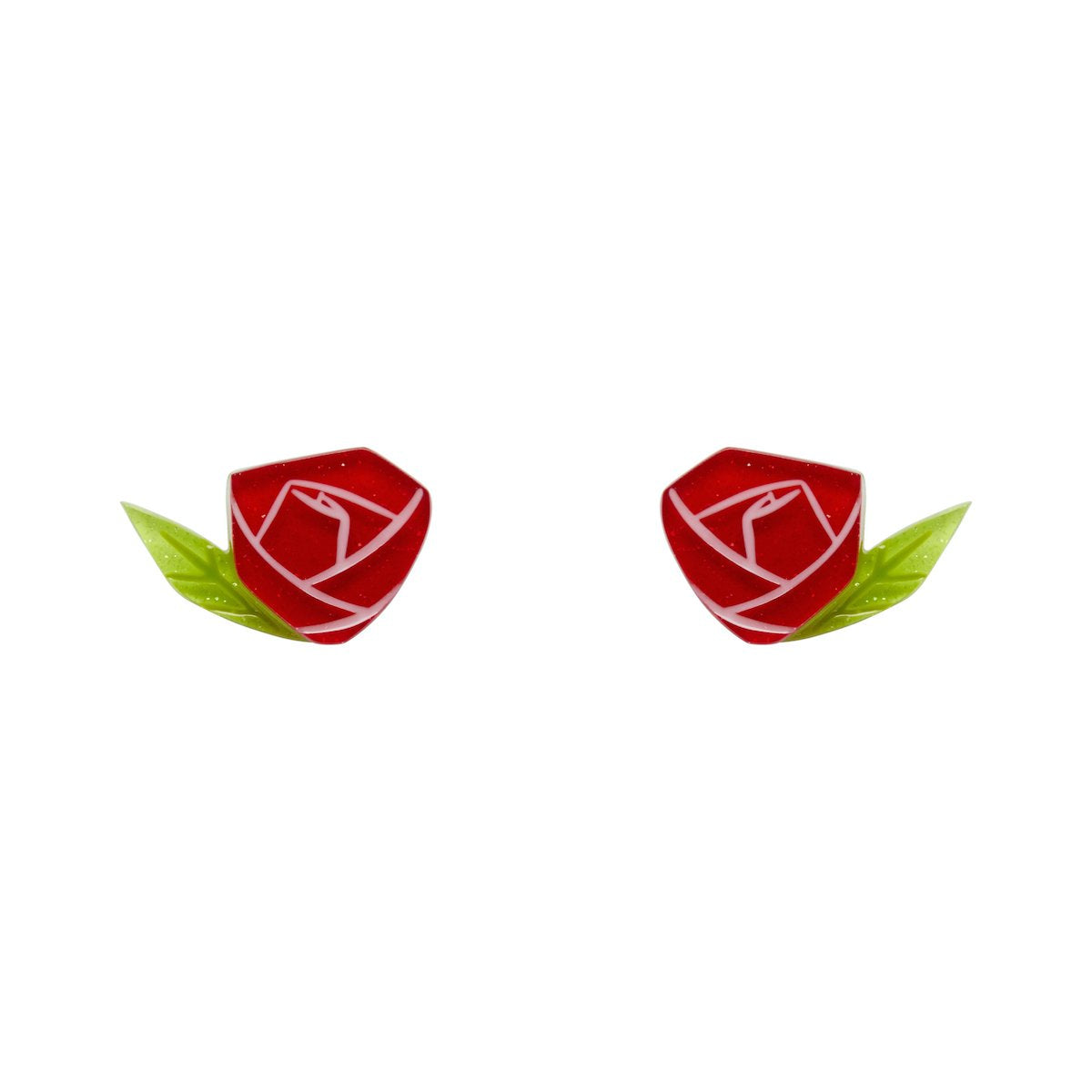pair red rose with green leaf layered resin post earrings