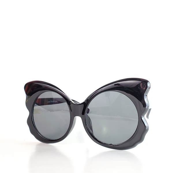 shiny black plastic butterfly shaped frame sunglasses with round dark smoke lens