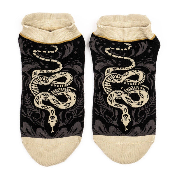 "Danger Noodle" Snake design on black and tan stretch cotton blend ankle socks