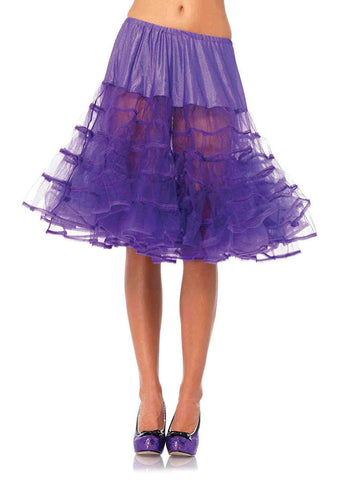 26" length fluffy layered tulle crinoline petticoat with elastic waist in rich purple, shown on model