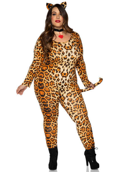 leopard print knit scoopneck long sleeve catsuit with attached posable tail and cat-ear headband, shown on model