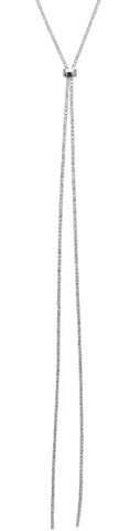 lariat style necklace made of tiny silver rhinestones with a shiny gunmetal colored slider