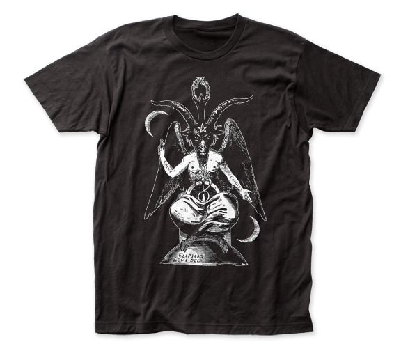 A black unisex t-shirt with an illustration of Baphomet in off-white