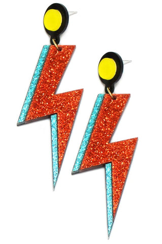 Red & blue glitter with black backs layered laser-cut acrylic lightning bolts dangling from black backed yellow dots