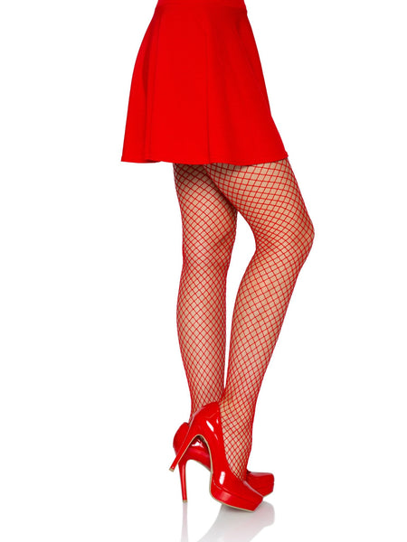 red bold industrial fishnet pantyhose tights, shown on model