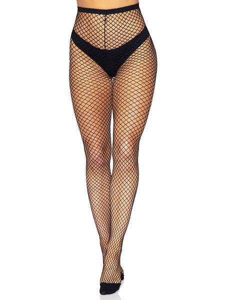 black bold industrial fishnet pantyhose tights, shown on model