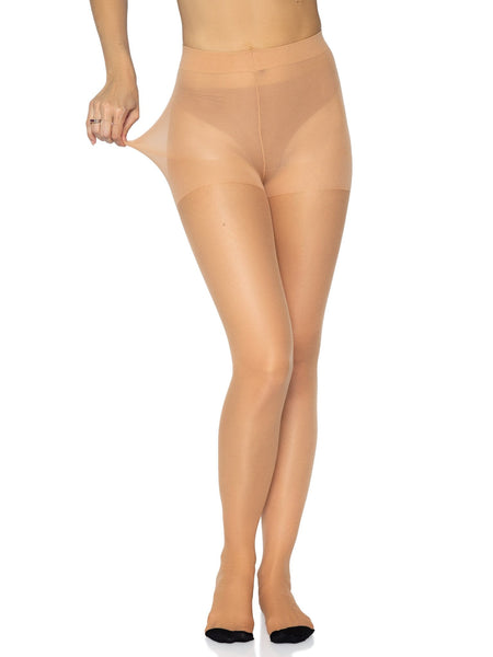 Sheer nude, beige Pantyhose with Black Backseam and Cuban Heel, shown front view on model