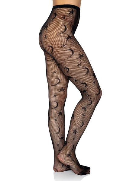 black fishnet tights with all-over knit-in crescent moons and stars design shown on model