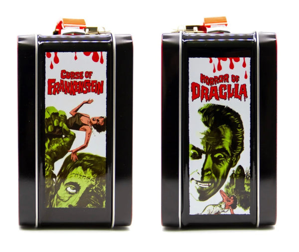 A metal lunchbox with collage art of classic Hammer Horror movie posters. With a red plastic handle and metal latch. Image shows art on sides of box of “Curse of Frankenstein” and “Horror of Dracula”