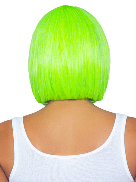 Bright neon green straight chin length bob cut wig with bangs, shown back view on model