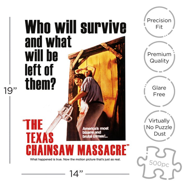 500-piece jigsaw puzzle featuring the poster for the 1974 horror classic The Texas Chainsaw Massacre. Image shows measurement of completed puzzle