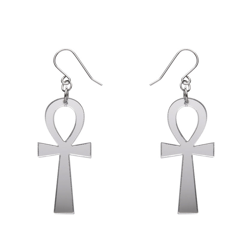 pair Egyptian Revival Essentials Collection Ankh dangle earrings in shiny mirror silver 100% Acrylic resin