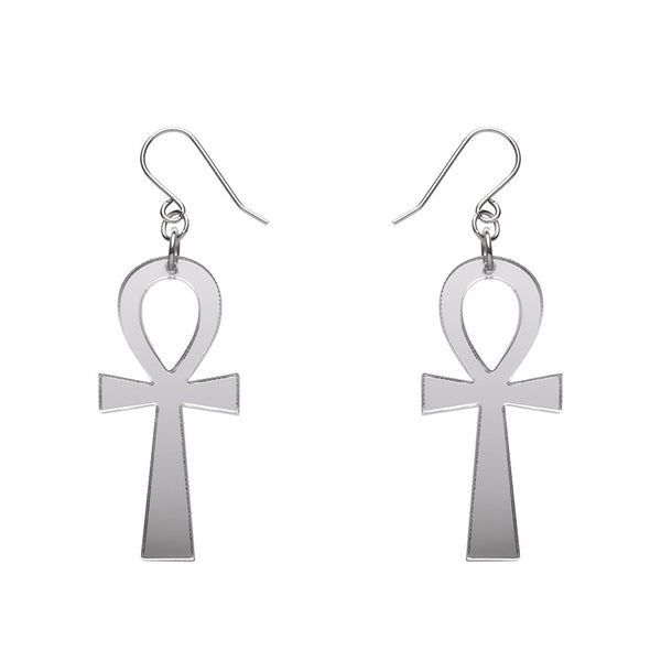pair Egyptian Revival Essentials Collection Ankh dangle earrings in shiny mirror silver 100% Acrylic resin