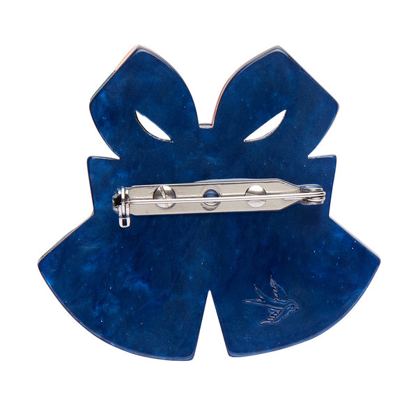 Modern Holiday Collection "Jingle Bell Rock" layered resin pair of bells decoration brooch, showing solid blue back view
