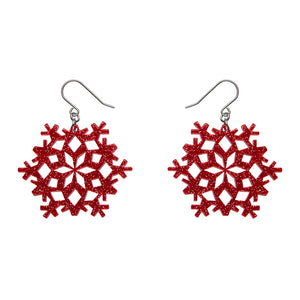 pair snowflake shaped dangle earrings in glitter-y bright red 100% Acrylic resin