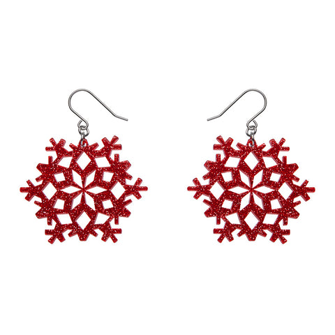 pair snowflake shaped dangle earrings in glitter-y bright red 100% Acrylic resin