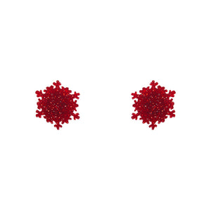 pair snowflake shaped post earrings in glitter-y bright red 100% Acrylic resin