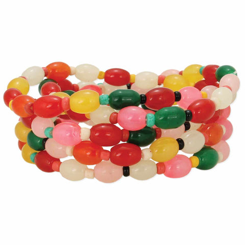 summery colors "Jelly Bean" shaped glass bead set of five stretch bracelets