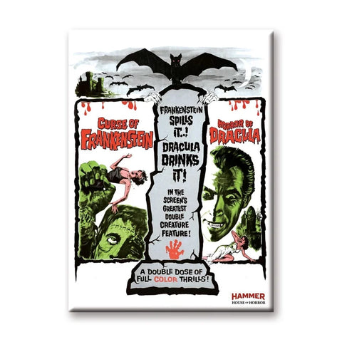 A 2 1/2” x 3 1/2” magnet with art from a double feature poster for two classic Hammer Horror movies- 1957’s ﻿Curse of Frankenstein ﻿and 1958’s ﻿Horror of Dracula﻿