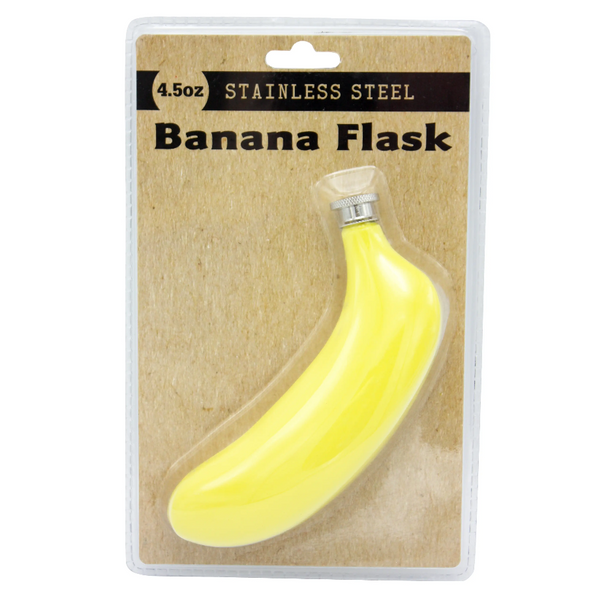Stainless steel yellow banana-shaped flask, shown in plastic blister card packaging