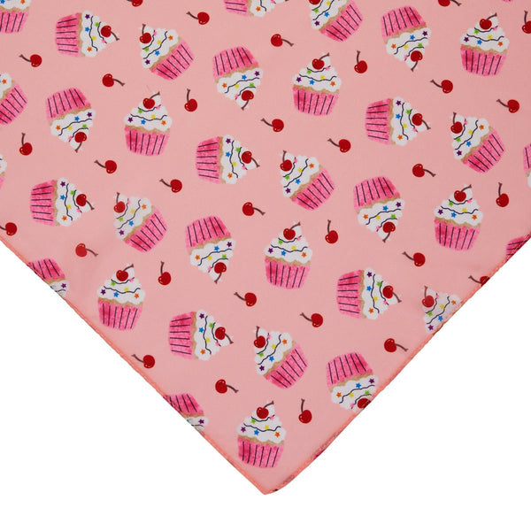 27" square semi-sheer pink background "Cherry on Top" allover cupcake and cherry print scarf, shown cropped close up
