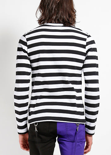 crew neck long sleeve stretch cotton knit shirt in classic black & white stripes, shown back view on model