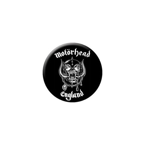 "Motörhead England" white script on black background with grey Warpig 1.25" metal pinback button