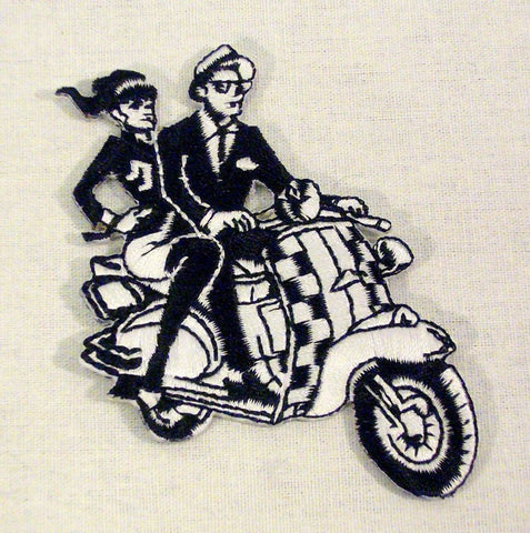mod couple on scooter black & white embroidered patch