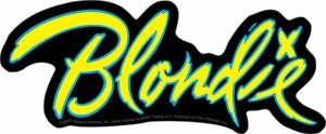 Script "Blondie" Band Logo die-cut vinyl sticker in yellow and blue on black