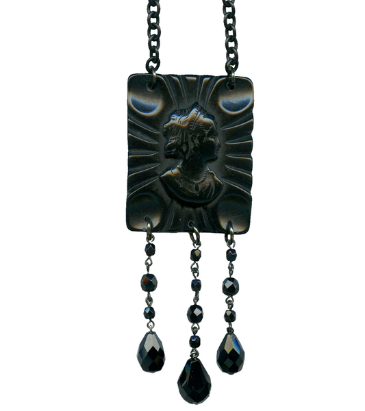 black Retrolite resin cameo pendant with faceted black glass beads drops on 34" long black metal and glass bead chain