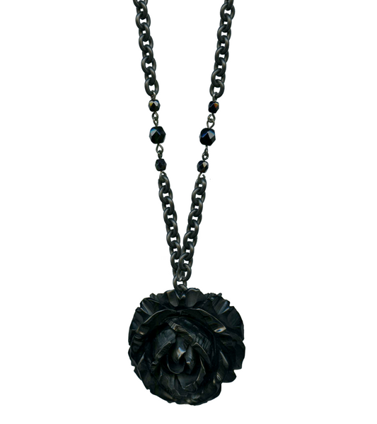 1.75" black resin rose pendant faceted black glass beads on 17" black metal chain necklace