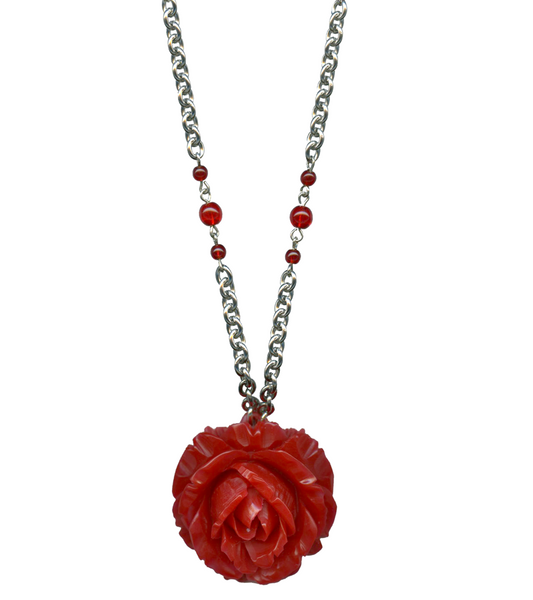 1.75" red resin rose pendant red glass beads on 17" silver plated chain necklace, close-up