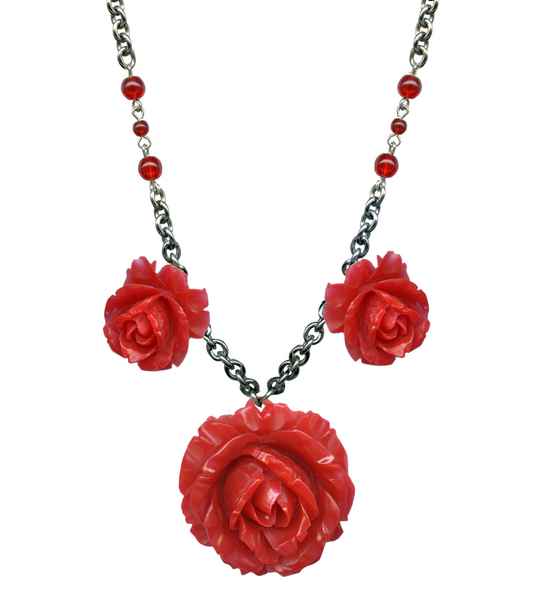 3 red resin rose pendants red glass beads on 21" silver plated chain necklace, close view
