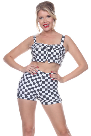 retro 1950s 1960s style black and white checker print cropped swim top with black buttons, shown on model