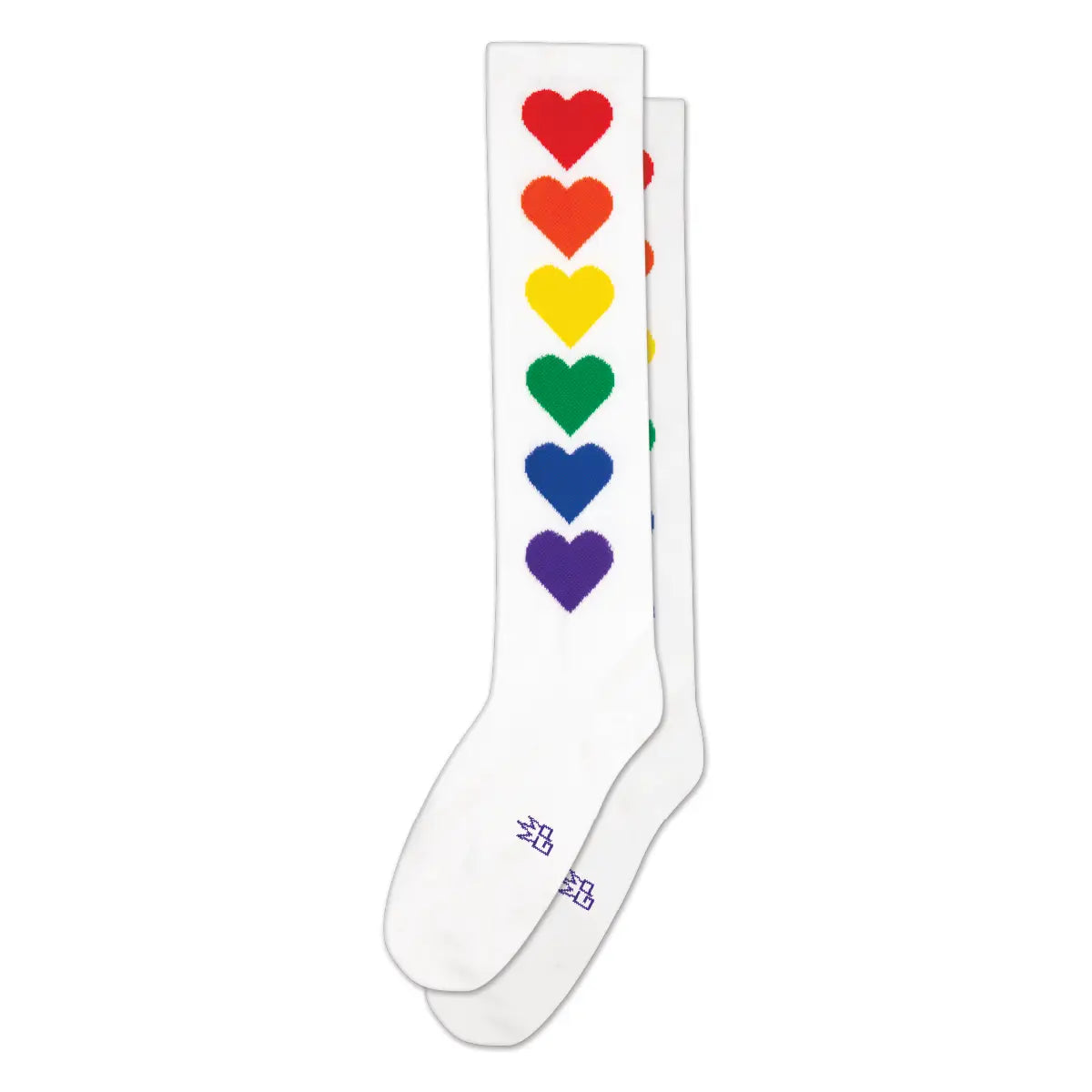 White ribbed knee socks with a single row of large solid color hearts. The hearts are in a rainbow in the order of red, orange, yellow, green, blue, and purple.